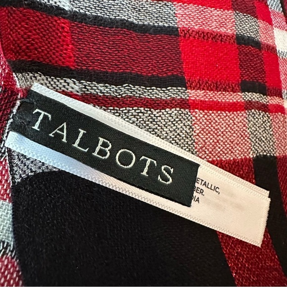 Talbots Oversized Tartan Plaid Scarf Wrap, Black, Red, Metallic Silver, NWOT - Picture 7 of 8